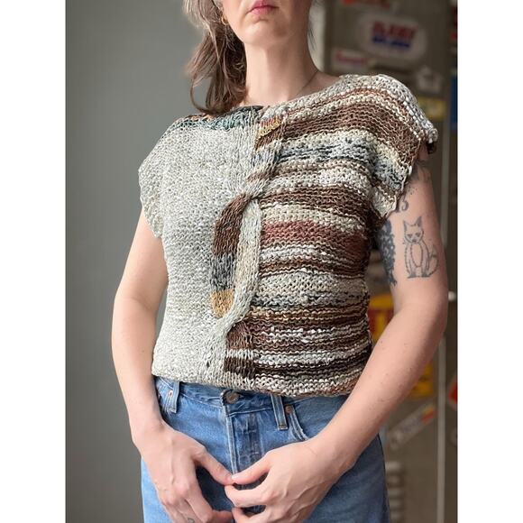 Vintage 80s Woven Leather Knit Top | Handmade Southwest Ribbon Weave | M/L - Picture 2 of 10